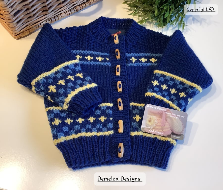 Toddler's Hand Knitted Fairisle Aran  Cardigan  with Merino Wool  1 -2 Years 