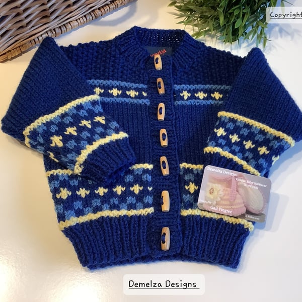 Toddler's Hand Knitted Fairisle Aran  Cardigan  with Merino Wool  1 -2 Years 