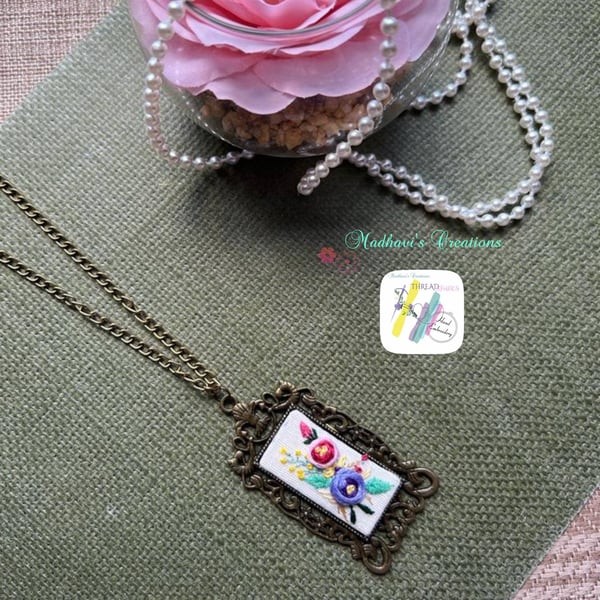 Embroidery necklace, Antique look, big rectangle pendant, floral embroidery, bro
