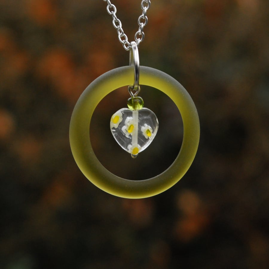 Olive glass ring pendant with heart