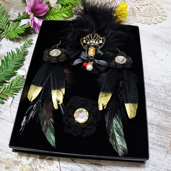 Black crochet earrings,rings and brooch gift set hand crochet accessories set