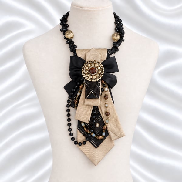 Midnight Gold Upcycled Necktie Statement Necklace