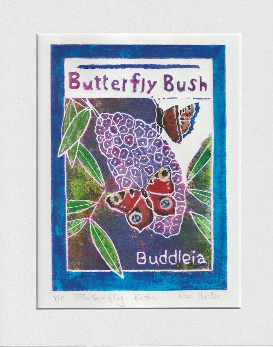 Butterfly Bush - original hand painted lino print 005