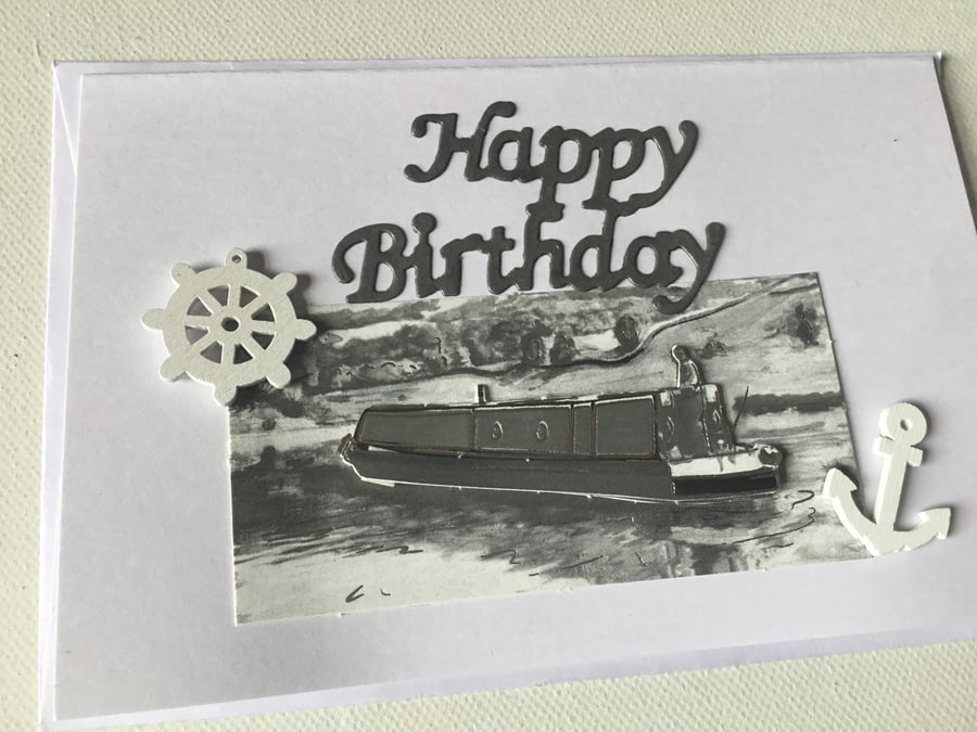 Birthday card. Decoupage card. Canal boat. Barge boat. CC728