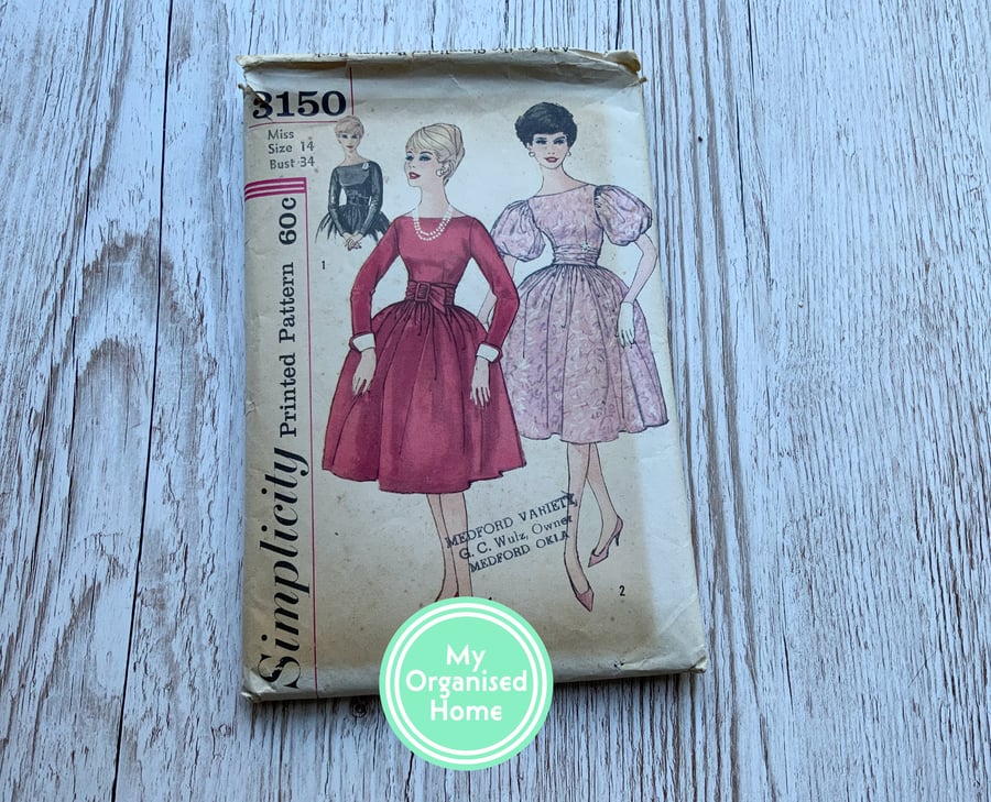 Vintage Simplicity 3150 evening dress sewing pattern with puffed sleeves