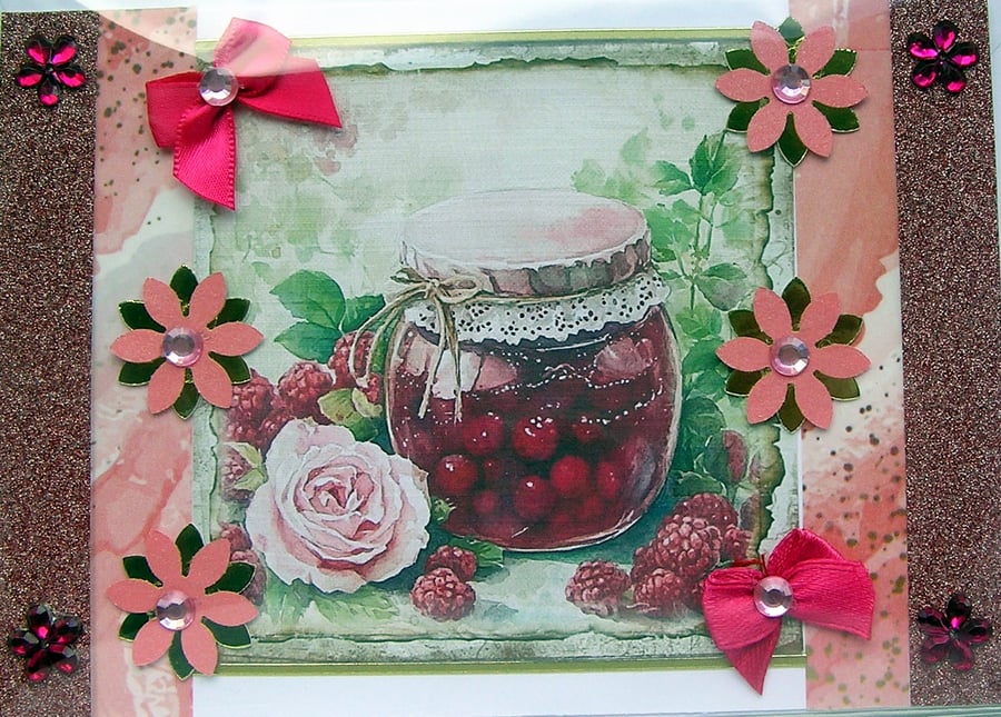 Cherries & Roses - Hand Crafted Decoupage Greeting Card - Blank 2897