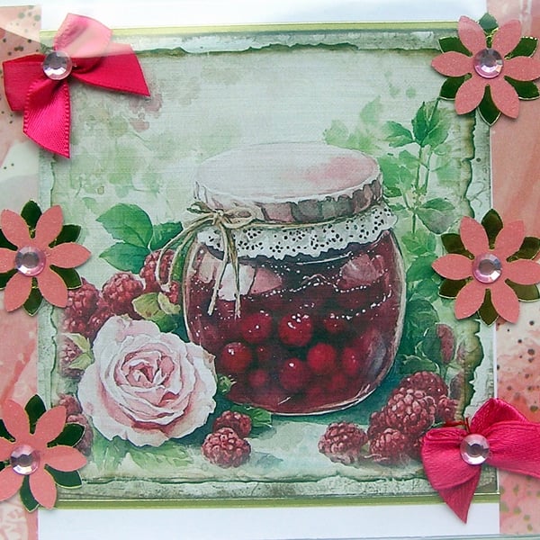 Cherries & Roses - Hand Crafted Decoupage Greeting Card - Blank 2897