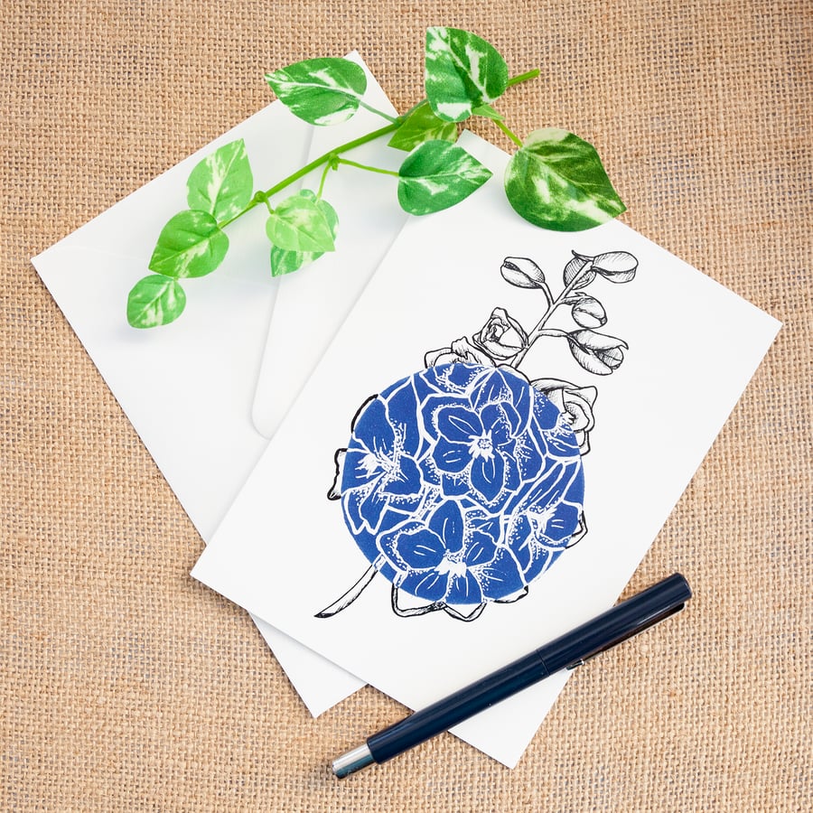 Dark Blue Delphinium Flower Greetings Card Birthday Mothers Day Illustrated Card
