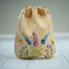 Vintage Embroidered Linen  Fully Lined Yellow Drawstring Bag 