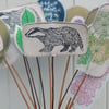 Badger and wild flowers- Screen printed fabric and willow flowers