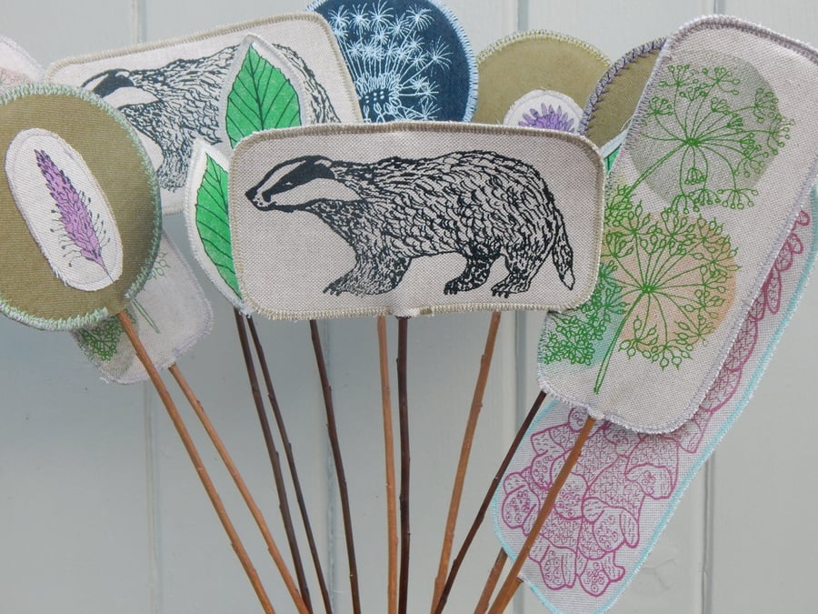 Badger and wild flowers- Screen printed fabric and willow flowers