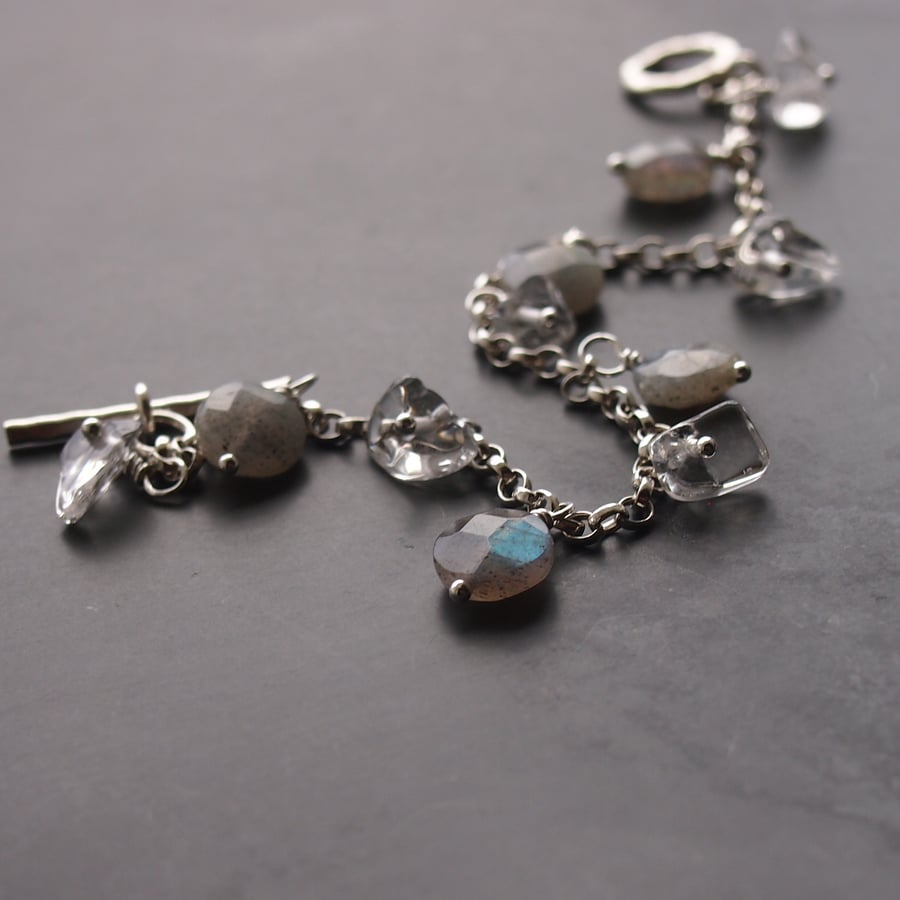 Sterling Silver Chain Bracelet with Quartz Crystal and Labradorite