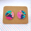Recycled plastic pink & turquoise circle disc stud earrings