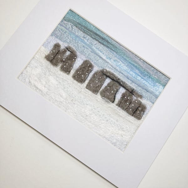Textile Art Stonehenge in the snow with mount 10" x 8"