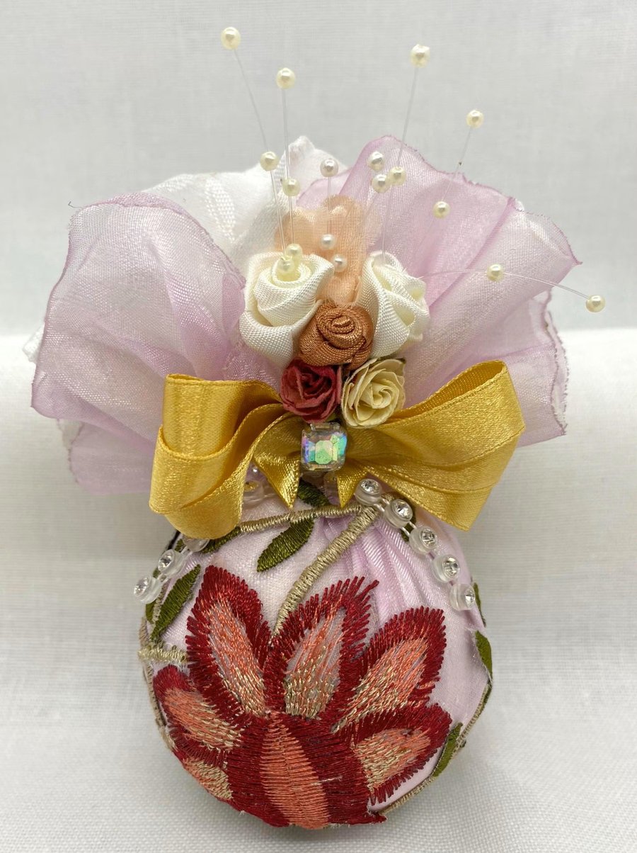 Pink and Gold Christmas Bauble with Floral Embroidery, Ribbons and Flowers