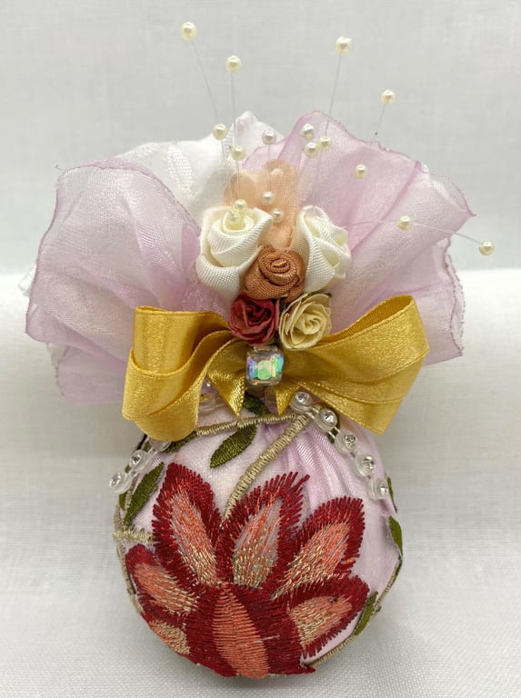 Pink and Gold Christmas Bauble with Floral Embroidery, Ribbons and Flowers