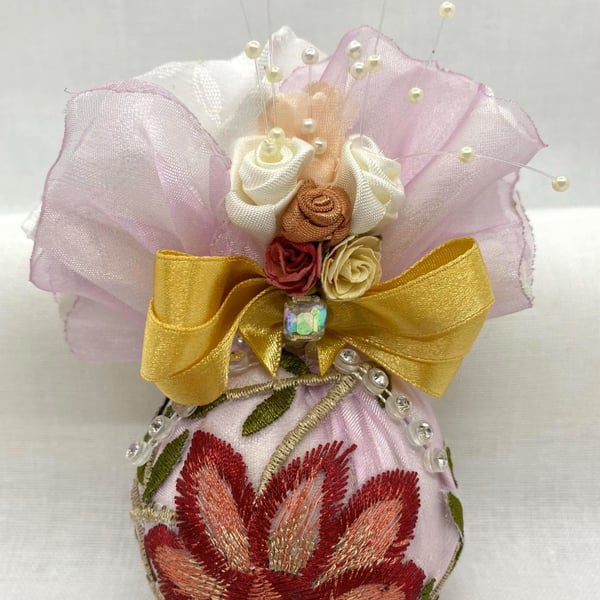 Pink and Gold Christmas Bauble with Floral Embroidery, Ribbons and Flowers