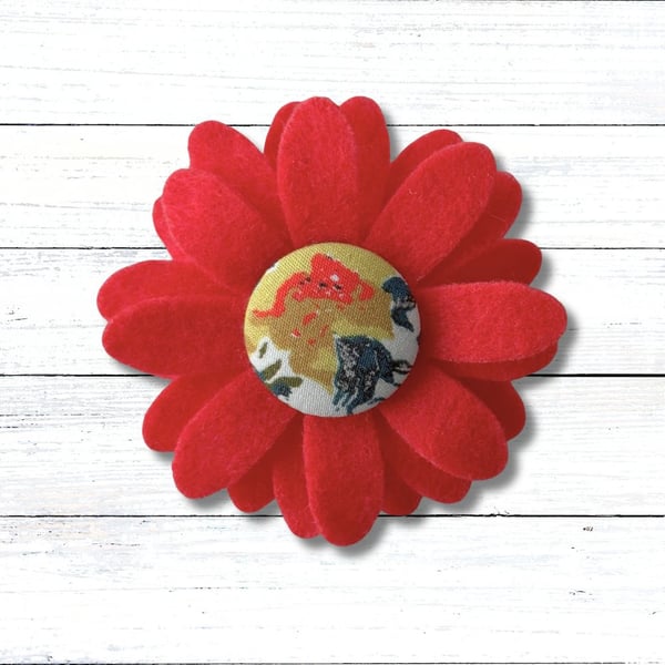 Handmade Felt Red Flower Brooch, Eco Friendly Upcycled Fabric, Gift Boxed