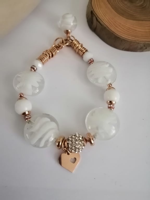 Perfectly Imperfect white and rose gold beaded lamp work bracelet