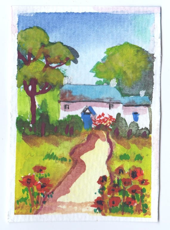ACEO, Original Watercolour, Country Cottage, Size 3.5 x 2.5 inches, Trading Card