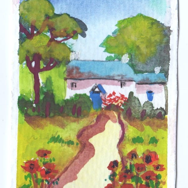 ACEO, Original Watercolour, Country Cottage, Size 3.5 x 2.5 inches, Trading Card