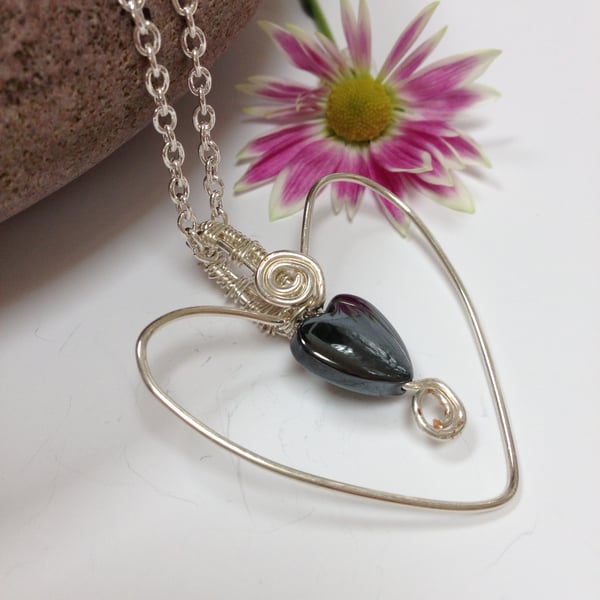 Silver Plated Hematite Heart Necklace