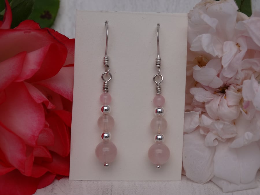 Rose quartz gemstone 3 bead dangle earrings heart chakra love