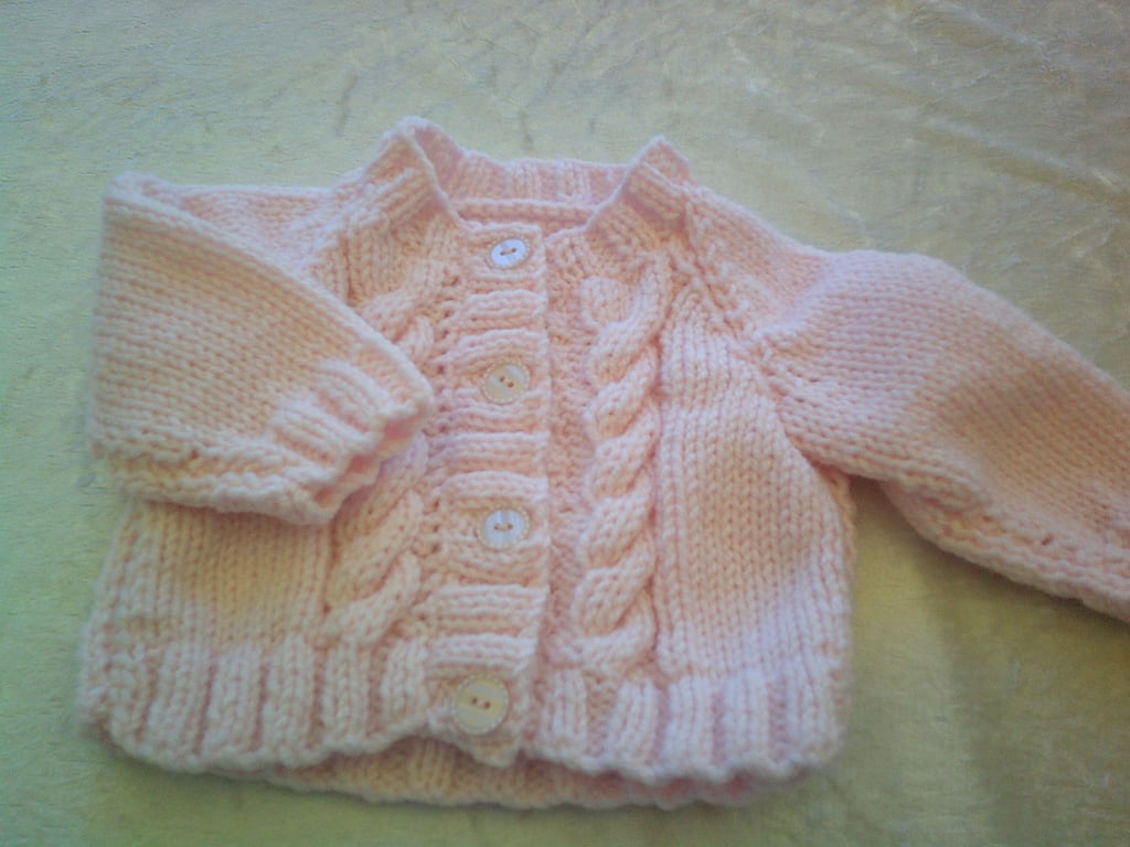 16 Inch Pale Pink Round Neck Aran Style Cardigan