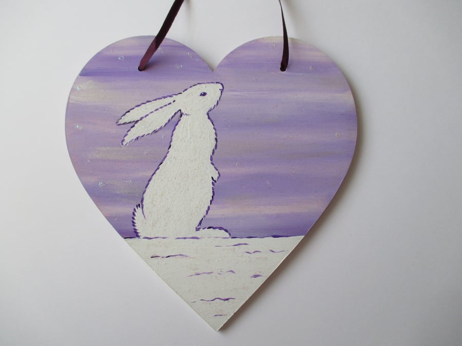 Snowbunny Snow Bunny Love Heart Rabbit Hanging Decoration White Glittery Wood 