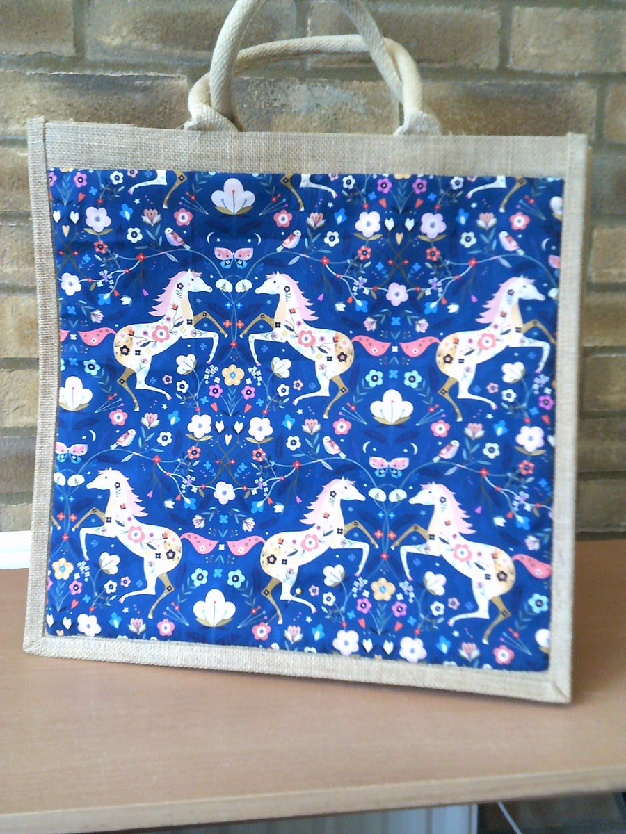 Large Jute Bag with Floral Horses 