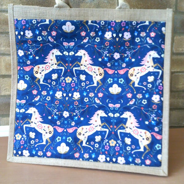 Large Jute Bag with Floral Horses 