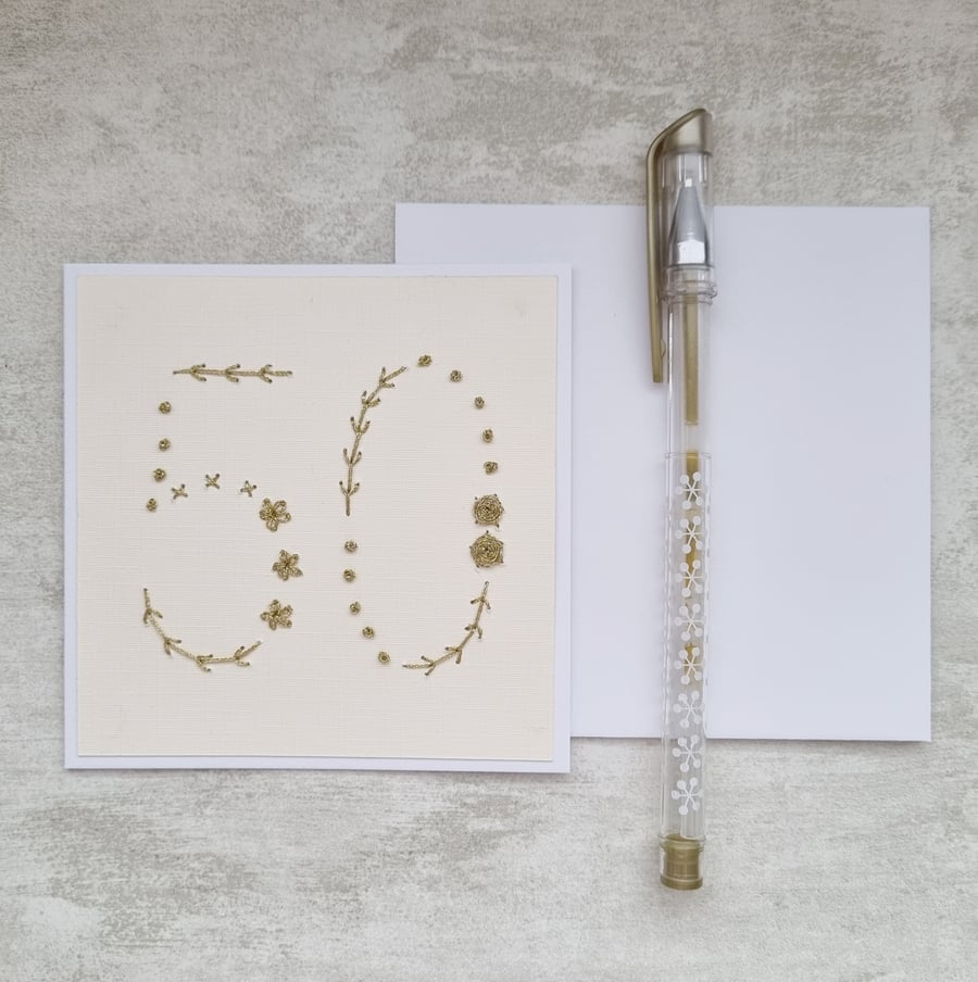 Hand Embroidered 50th Birthday Card