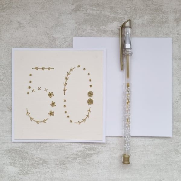 50th Hand Embroidered Birthday Card