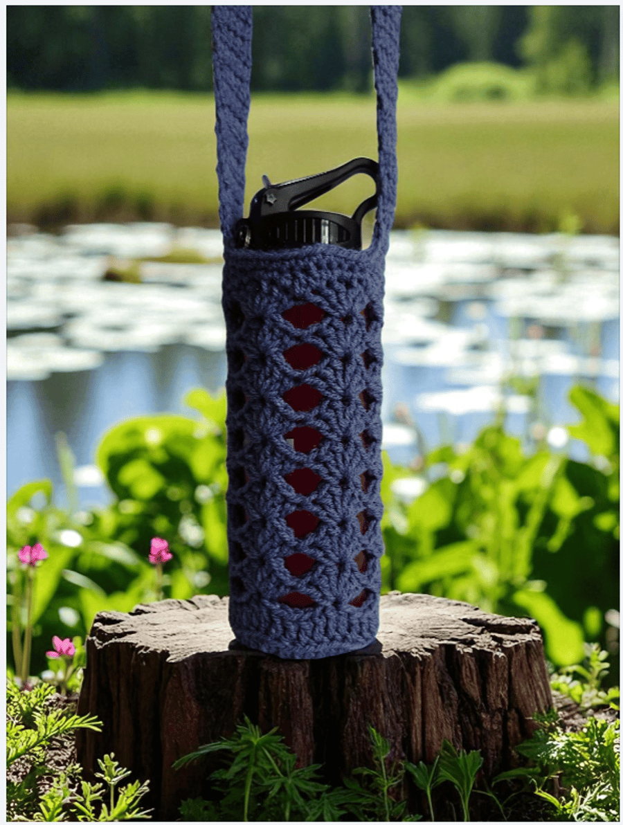 Hand Crochet Water Bottle Holder Crossbody Water Bottle Carrier - Denim Blue