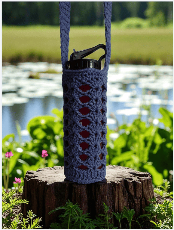 Hand Crochet Water Bottle Holder Crossbody Water Bottle Carrier - Denim Blue