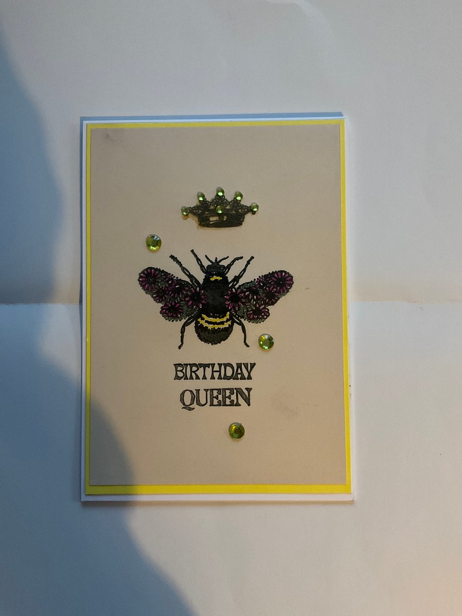 Handcrafted queen bee birthday card hand stamped floral bee crown rhinestones 