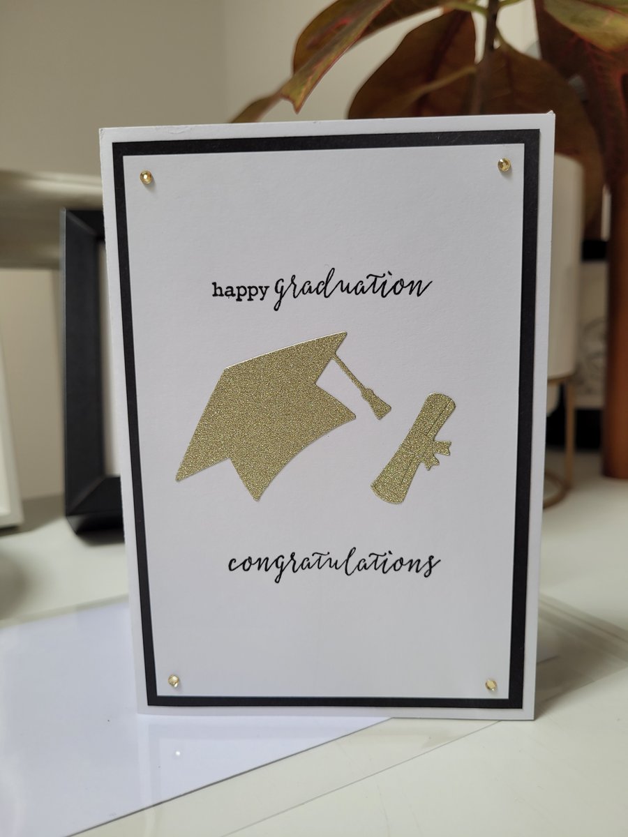 Graduation, congratulations, champagne gold, mortarboard, scroll, results card