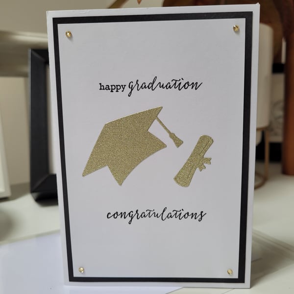 Graduation, congratulations, champagne gold, mortarboard, scroll, results card