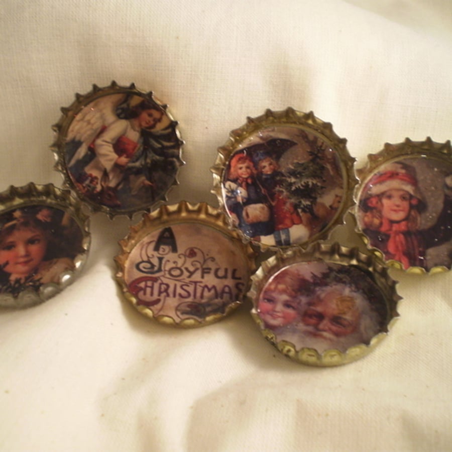*Reserved For Sarah*Vintage Christmas Bottle Top Magnets x 6