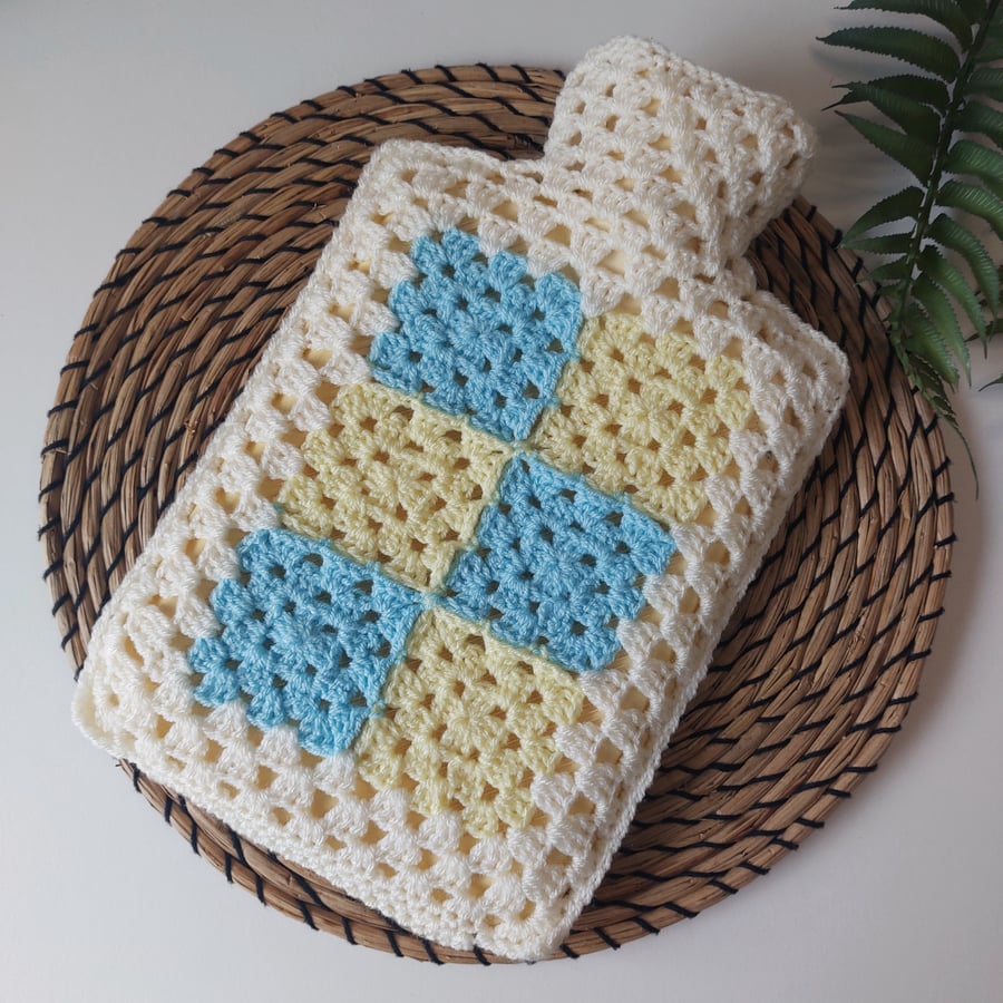 Crochet Hot Water Bottle Cover Patchwork Cream Granny Square 