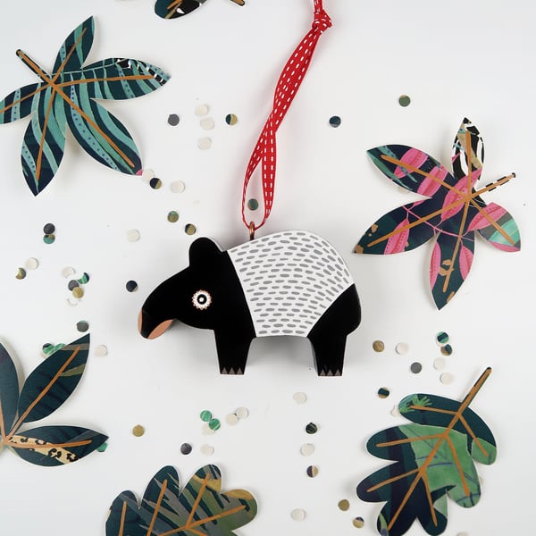 Malayan tapir Christmas tree hanging decorations, cute animal stocking filler.