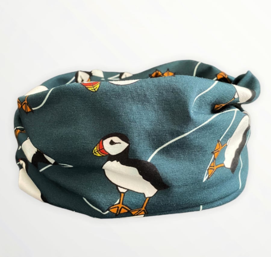 Petrol Blue Snood Neck Warmer with Puffins (S, M & L sizes available)