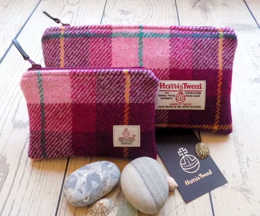 Harris Tweed gift set. Clutch and coin purse in pink and plum purple