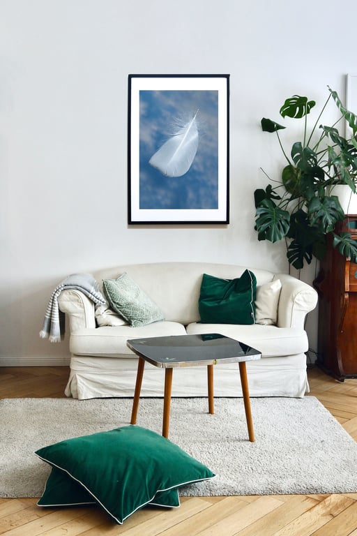 Falling white feather wall art print