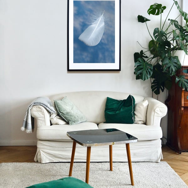 Falling white feather wall art print