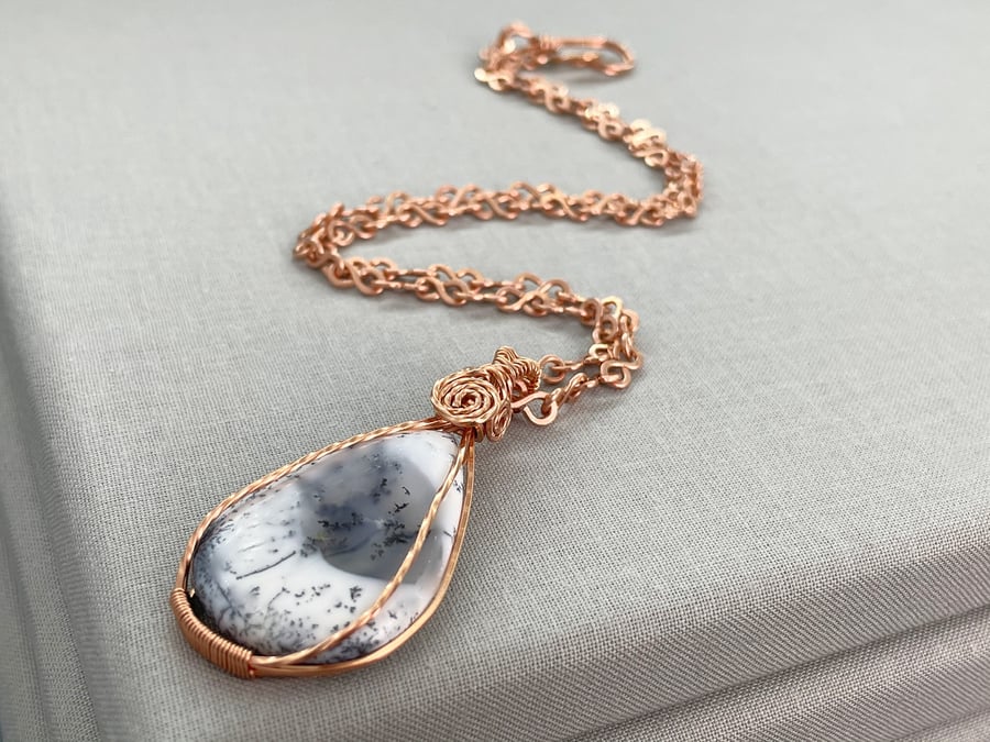 Dendrite Opal Agate Copper Wire Wrap Pendant with Handmade Infinity Chain