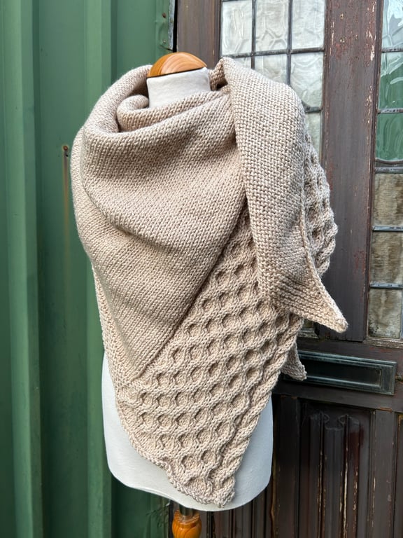 One of a kind Handknitted Triangle Honeycomb Textured Wrap Shawl Scarf