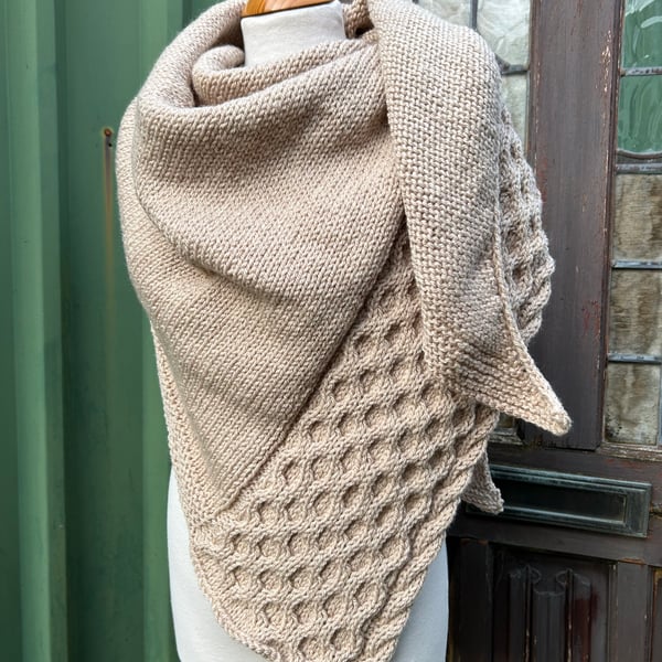 One of a kind Handknitted Triangle Honeycomb Textured Wrap Shawl Scarf