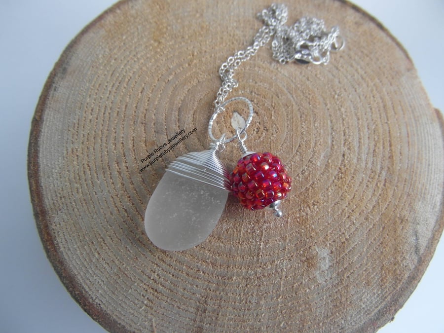 White Cornish Sea Glass with Bright Pink Bead, Sterling Silver N562