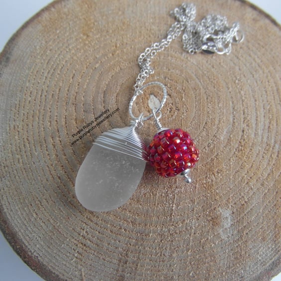 White Cornish Sea Glass with Bright Pink Bead, Sterling Silver N562